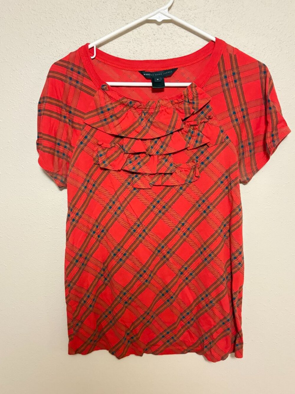 Marc by Marc Jacobs Red Plaid Ruffle Yoke Short Sleeve Top Size M